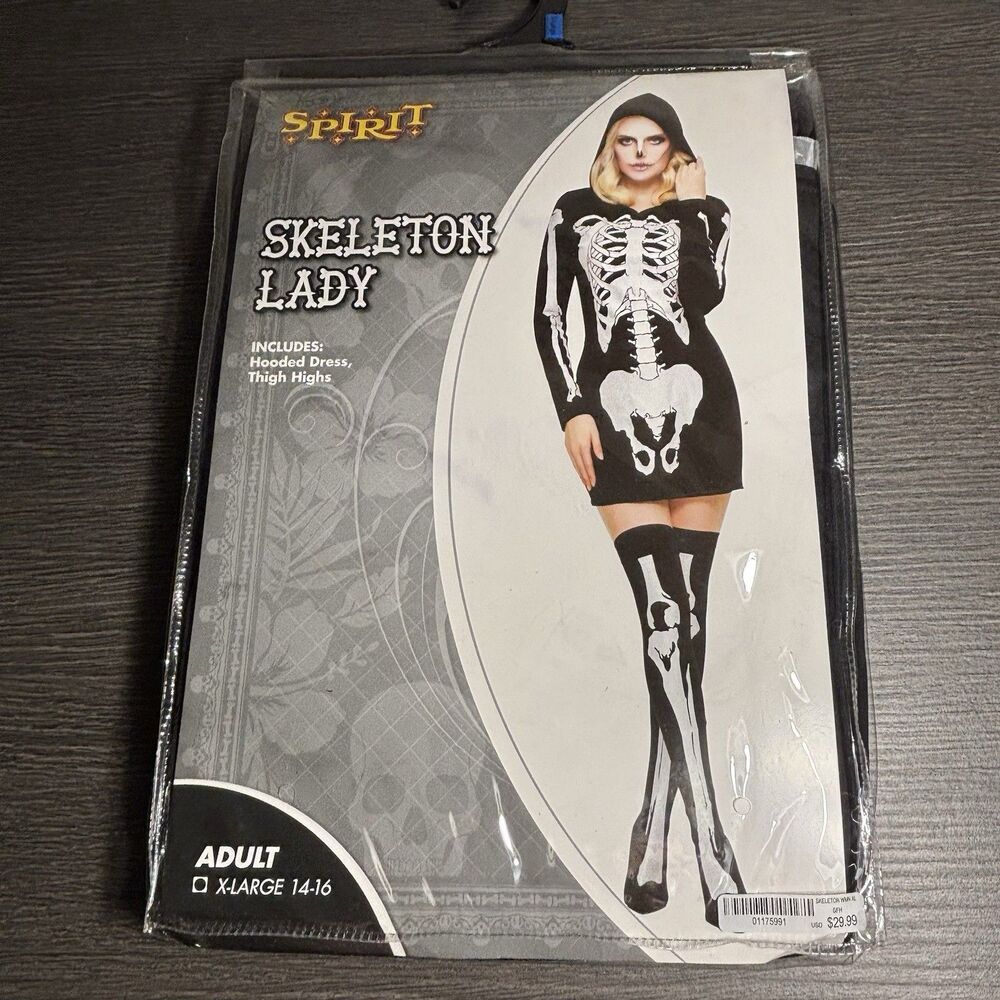 Spirit Halloween Skeleton Woman Costume Adult XL Hooded Dress Thigh Highs New